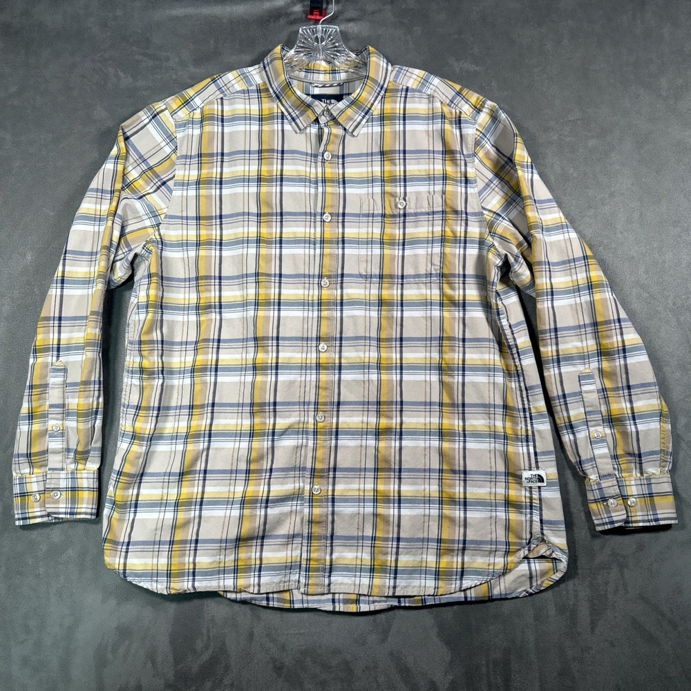 The North Face Plaid Yellow Blue Button Up Flannel Shirt Mens Size XL Pocket